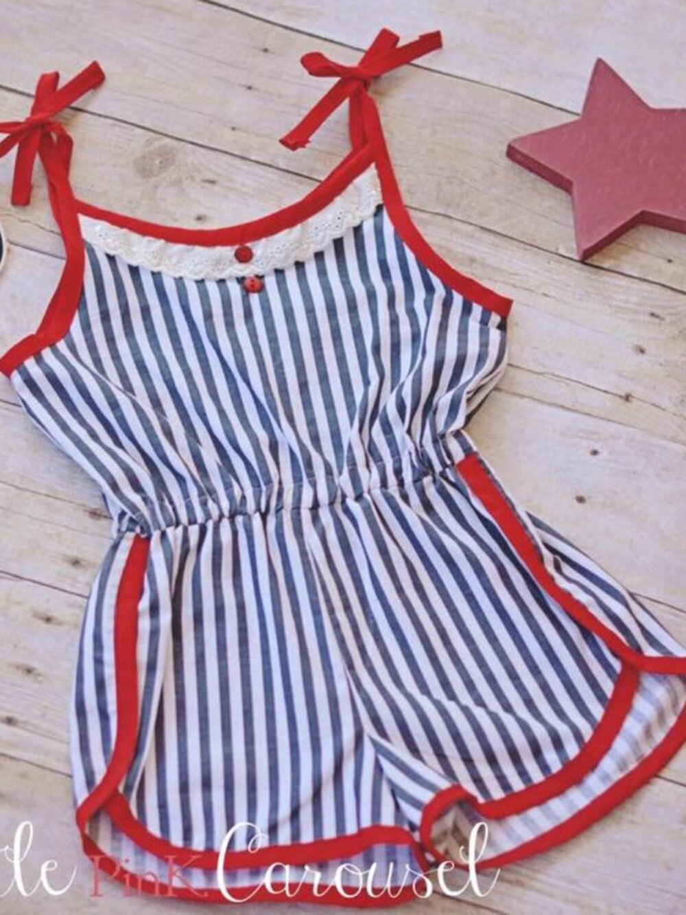 Girls Little Pink Carousel Shorts Romper sz 3/4 Red White Blue July 4th Stripes